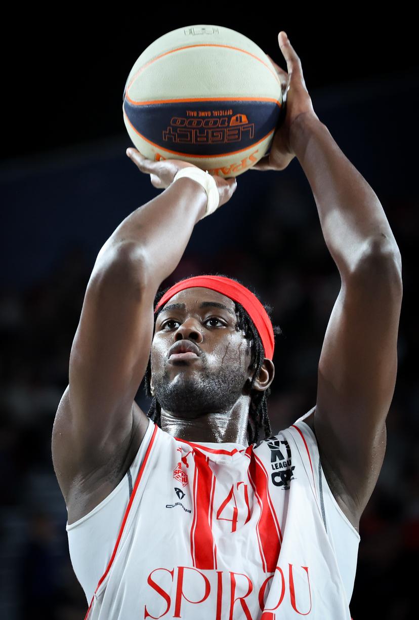 Spirou's Archange Izaw Bolavie pictured in action during a basketball match between Spirou Charleroi and Leuven Bears, Thursday 17 April 2025 in Charleroi, on day 33 of the 'BNXT League' Belgian and Dutch first division basket championships. BELGA PHOTO VIRGINIE LEFOUR