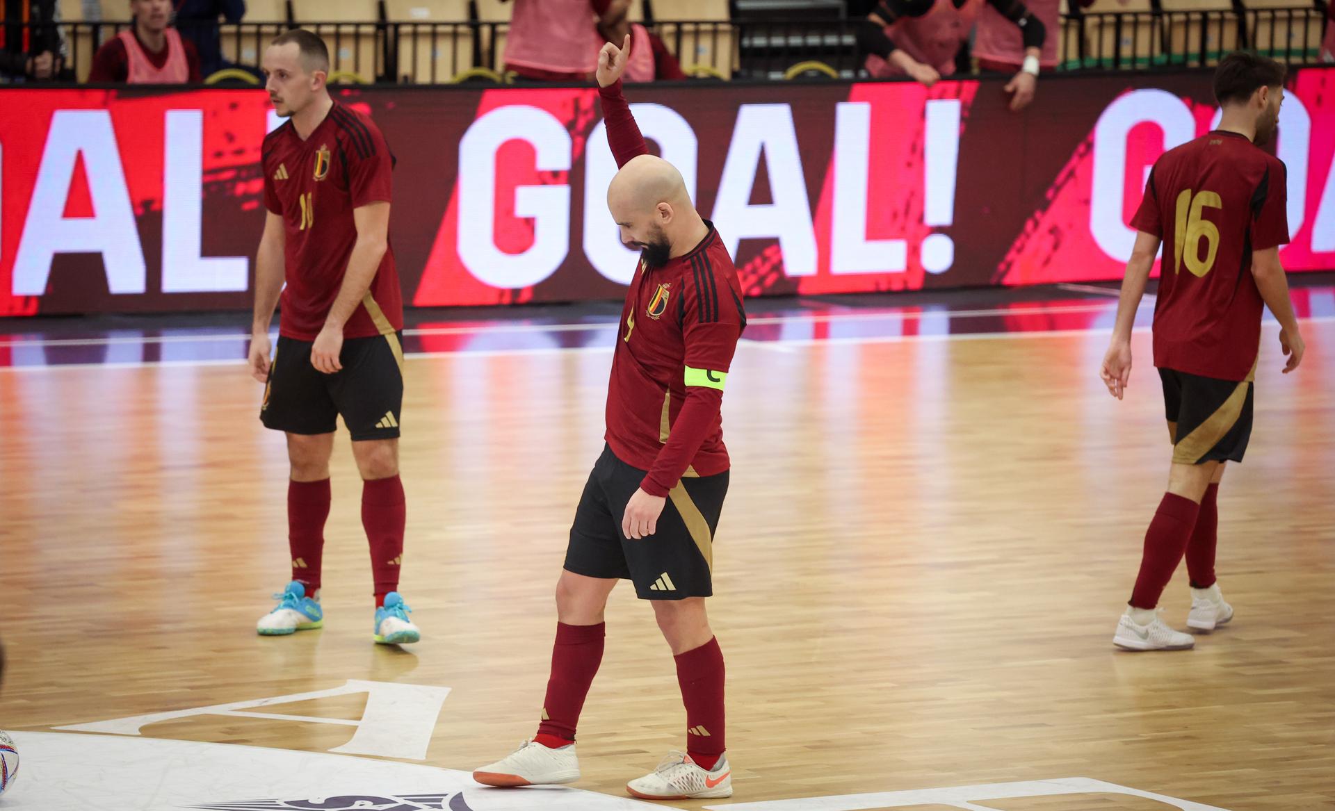 Belgium's Omar Rahou celebrates after scoring during a futsal game between Belgium and Czechia, in Roosdaal, on Wednesday 12 March 2025, the main round of qualification of the group 9 (match 5/6) for the Euro 2026. BELGA PHOTO VIRGINIE LEFOUR