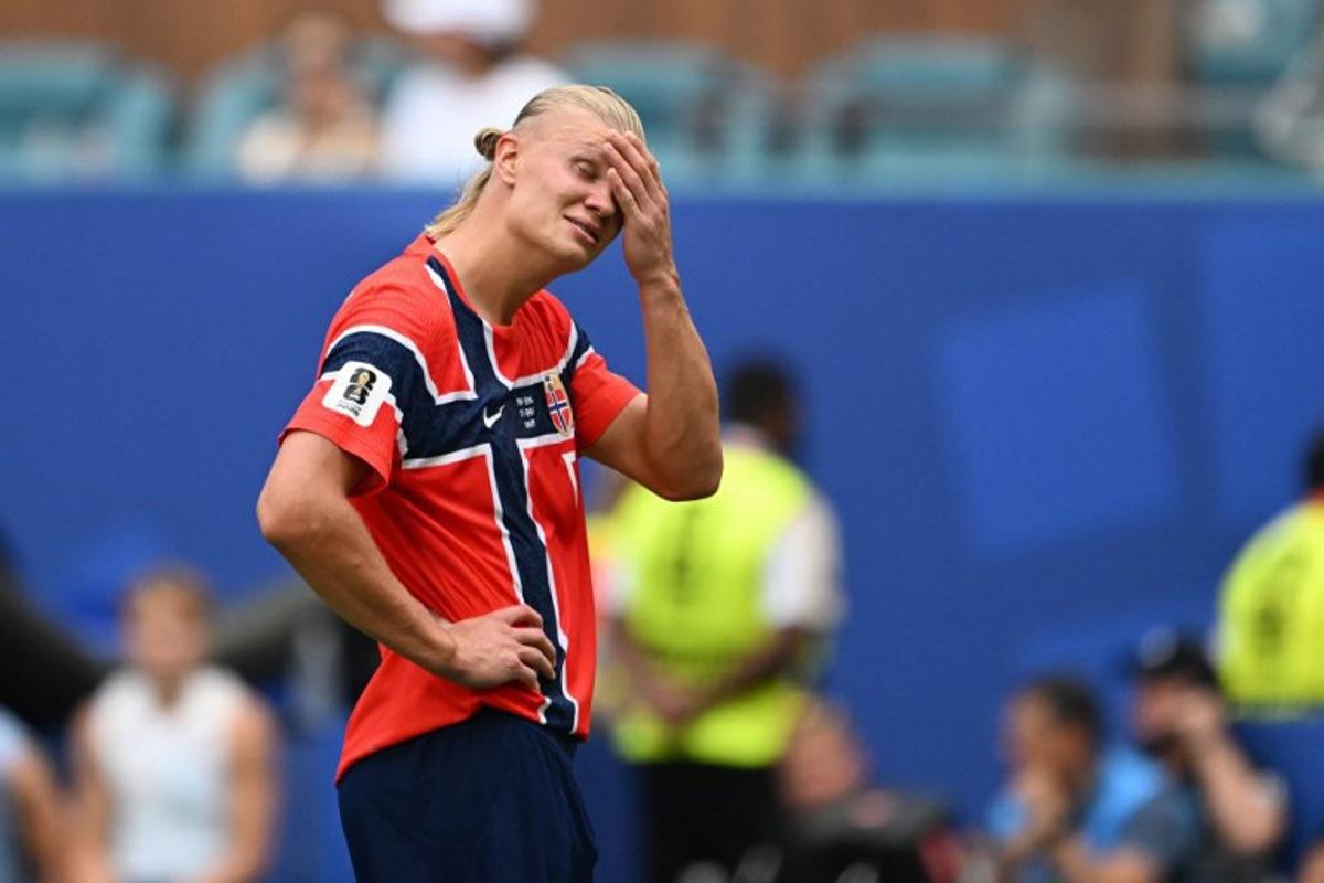Norway's forward #09 Erling Braut Haaland reacts after his team missed a chance to score during the 2026 World Cup football tournament quarter-final match between Norway and England at Miami Stadium in Miami on July 11, 2026.   ROBERTO SCHMIDT / AFP