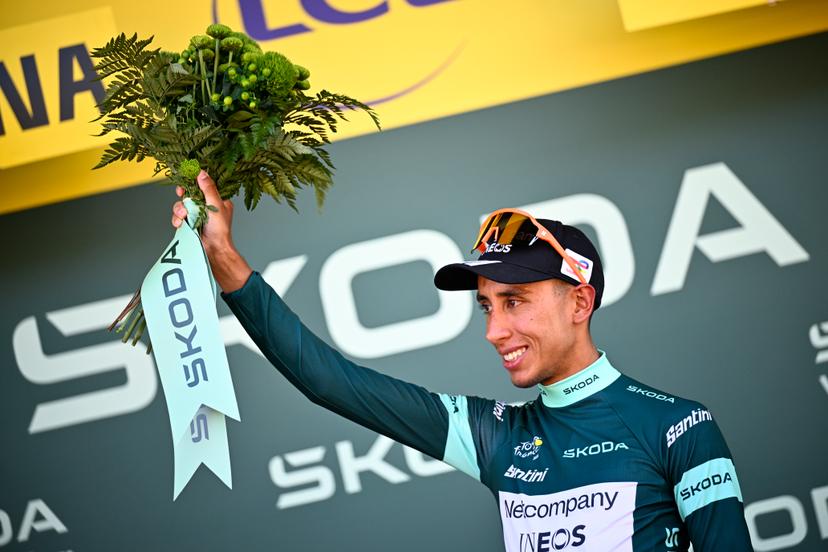 Colombian Egan Bernal of Netcompany-INEOS celebrates on the podium in the green jersey of leader in the sprint ranking after the first stage of the 2026 Tour de France cycling race, a team time trial of 19km with start and finish in Barcelona, Spain, Saturday 04 July 2026. The 113th edition of the Tour de France starts on Saturday 4 July in Barcelona, Spain, and will finish in Paris, France on the 26th of July.  BELGA PHOTO JASPER JACOBS