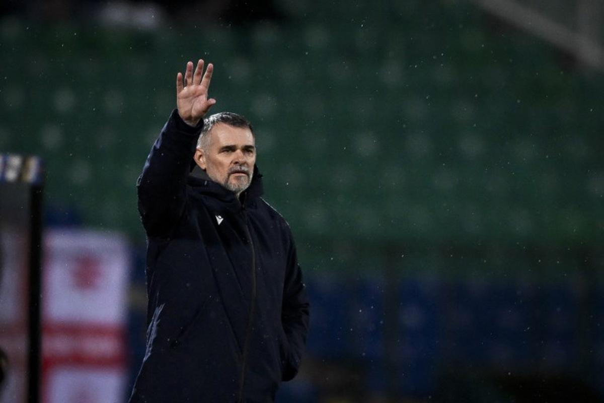 Georgia's coach Willy Sagnol gestures during the FIFA World Cup 2026 European qualification football match between Bulgaria and Georgia at the Vassil levski stadium, in Sofia, on November 18, 2025.  Nikolay DOYCHINOV / AFP
