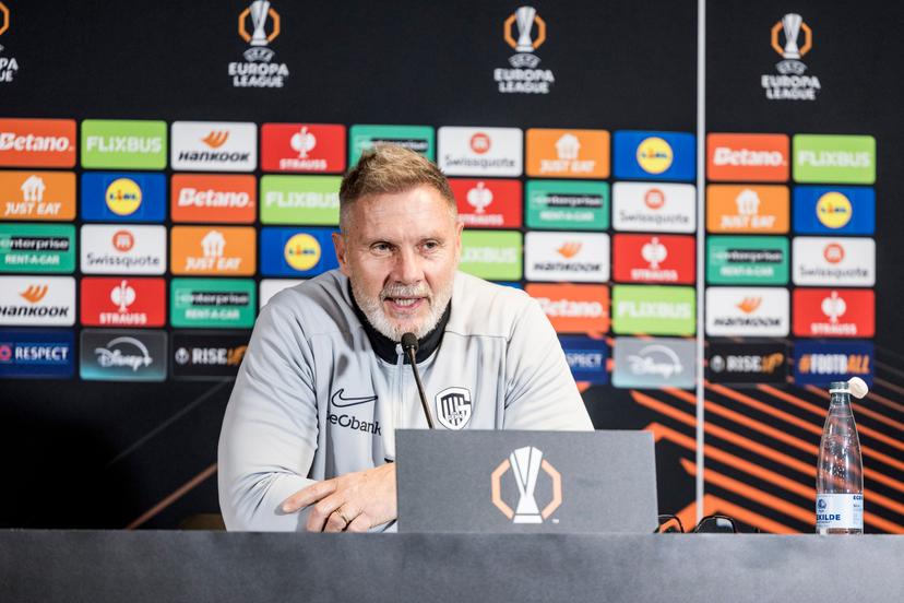 Genk's head coach Thorsten Fink pictured during a press conference of Belgian soccer team KRC Genk, on Wednesday 10 December 2025, in Herning, Denmark. The team prepares for tomorrow's match against Danish FC Midtjylland, game six (out of 8) in the league phase of the UEFA Europa League competition. BELGA PHOTO LASSE LAGONI