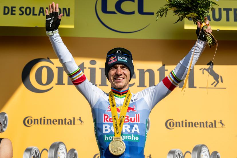 Belgian Remco Evenepoel of Red Bull-BORA-hansgrohe pictured on the podium after winning stage 15 of the 2026 Tour de France cycling race, a stage of 184km from Champagnole to Plateau de Solaison, on Sunday 19 July 2026. The 113th edition of the Tour de France starts on Saturday 4 July in Barcelona, Spain, and will finish in Paris, France on the 26th of July. BELGA PHOTO DAVID PINTENS