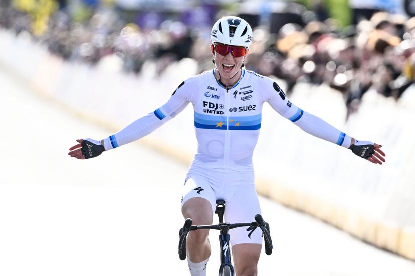 Dutch Demi Vollering of FDJ United-Suez celebrates as she crosses the finish line to win the women's race of the 'Ronde van Vlaanderen/ Tour des Flandres/ Tour of Flanders' UCI WorldTour one day cycling race, 164,1 km with start and finish in Oudenaarde, Sunday 05 April 2026. BELGA PHOTO ERIC LALMAND
