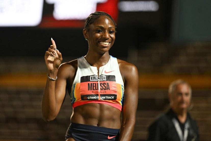 USA's Melissa Jefferson reacts after winning the women's 100m event during the Grand Slam Track competition at the National Stadium in Kingston, Jamaica, on April 5, 2025.  Ricardo Makyn / AFP