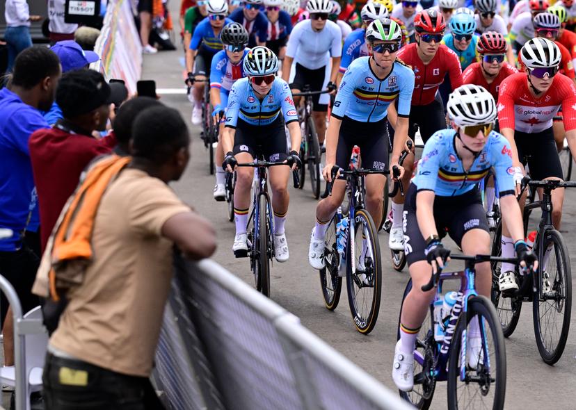 Belgian Tess Moerman, Belgian Lore de Schepper and Belgian Xaydee van Sinaey pictured at the start of the U23 women road race (119,3 km) at the cycling road World Championships in Kigali, Rwanda, Thursday 25 September 2025. The 2025 UCI Road World Championships take place from 21 to 28 September in Kigali, Rwanda. BELGA PHOTO DIRK WAEM