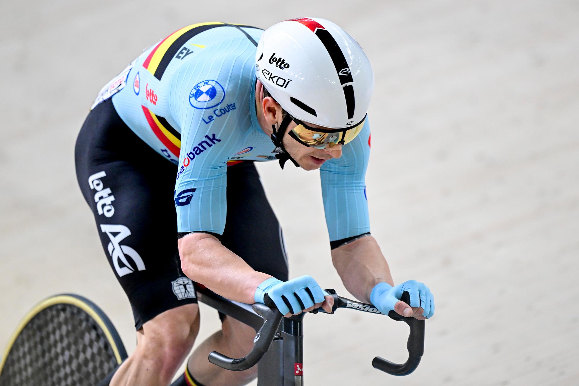Belgian Jasper De Buyst pictured in action during the men's Points Race final at the second day of the 2026 UEC Track Elite European Championships, in Konya, Turkey, Monday 02 February 2026. The European Championships take place from 01 to 05 February 2026. BELGA PHOTO DIRK WAEM