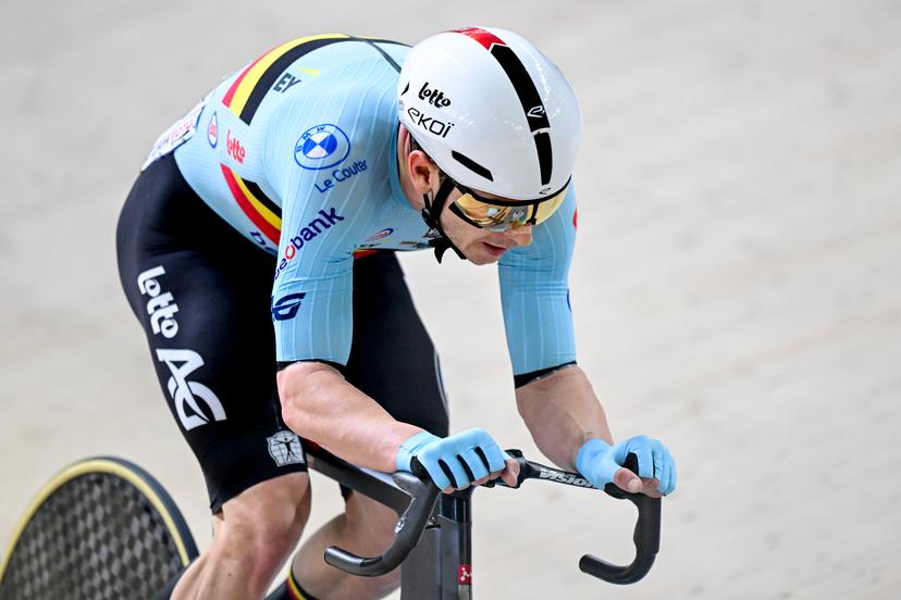Belgian Jasper De Buyst pictured in action during the men's Points Race final at the second day of the 2026 UEC Track Elite European Championships, in Konya, Turkey, Monday 02 February 2026. The European Championships take place from 01 to 05 February 2026. BELGA PHOTO DIRK WAEM