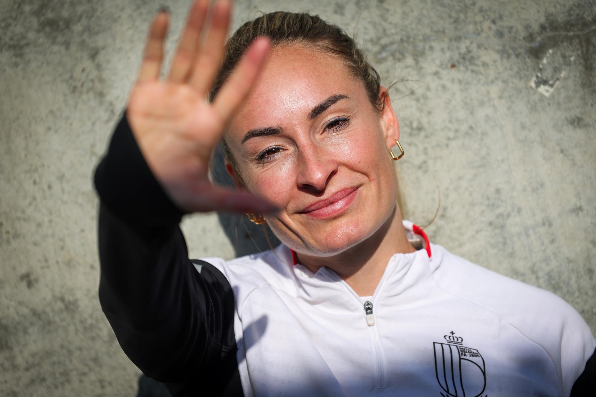 Belgium's Tessa Wullaert poses for the photographer at a press conference of Belgium's national women's soccer team the Red Flames, on Thursday 26 February 2026 in Tubize. The team is preparing for two games against Israel next week, in the qualifiers for the 2027 FIFA Women's World Cup. BELGA PHOTO VIRGINIE LEFOUR