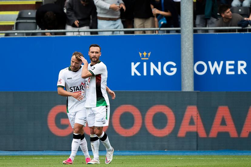 OHL's Wouter George and OHL's Birger Verstraete celebrate during a soccer match between Oud-Heverlee Leuven and RAAL La Louviere, Saturday 19 September 2026 in Leuven, on day 7 of the 2026-2027 'Jupiler Pro League' first division of the Belgian championship. BELGA PHOTO KRISTOF VAN ACCOM