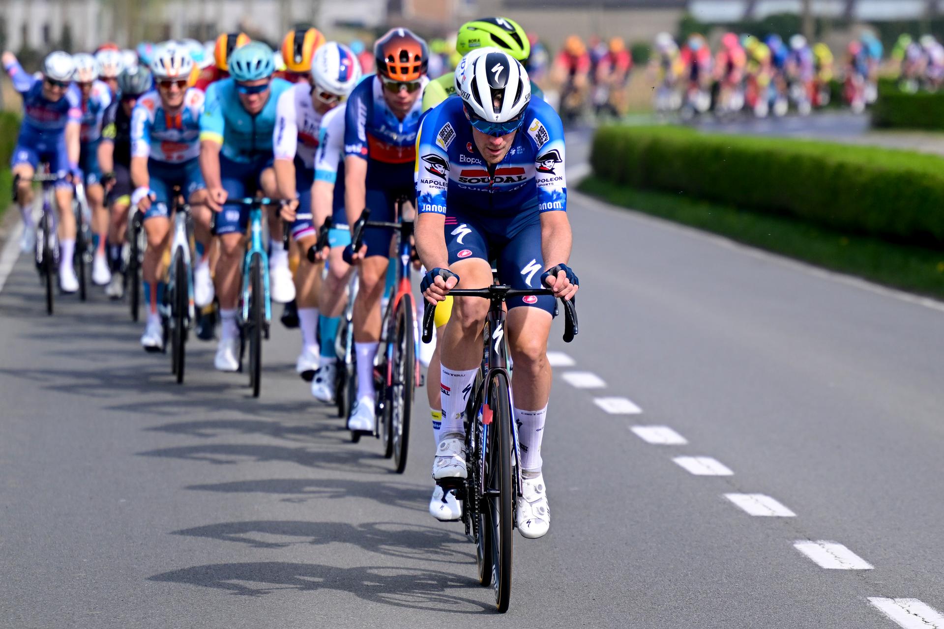 Belgian Ayco Bastiaens of Soudal Quick-Step pictured in action during the 'Classic Brugge-De Panne' men's elite one-day cycling race, 198,9 km from Brugge to De Panne, Wednesday 20 March 2024. BELGA PHOTO LAURIE DIEFFEMBACQ