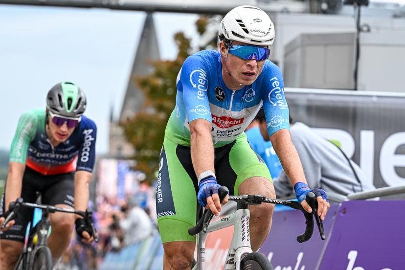 Belgian Jasper Philipsen of Alpecin-Premier Tech crosses the finish line at stage three of the 'Renewi Tour' multi-stage cycling race, from Celles to Geraardsbergen (182 km) on Friday 21 August 2026. The five-day race takes place from 19 to 23/08. BELGA PHOTO DAVID PINTENS