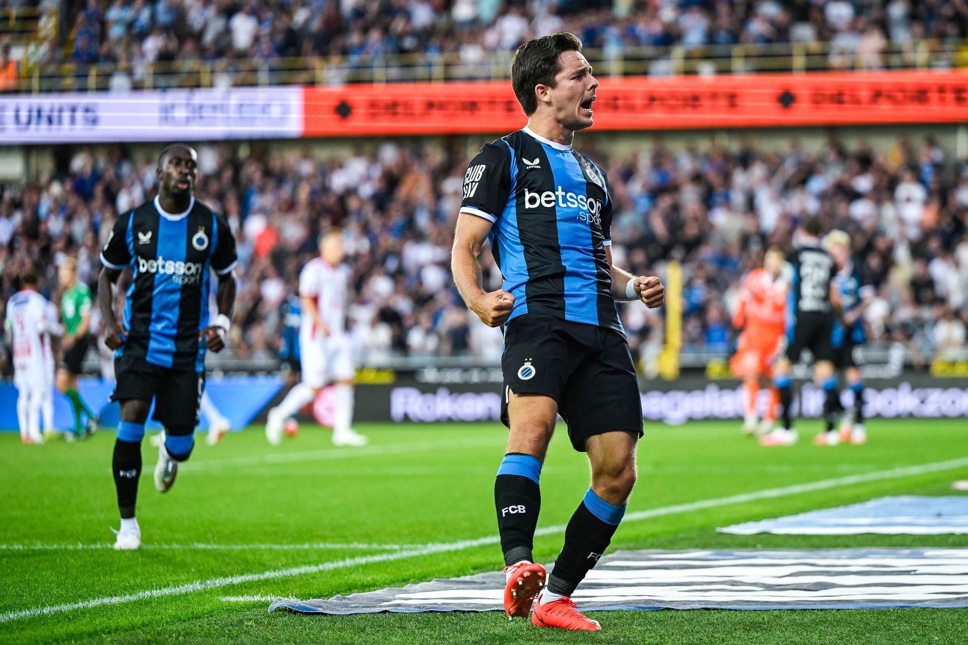 Club's Hugo Vetlesen celebrates after scoring during a soccer match between Club Brugge KV and KV Kortrijk, Friday 7 August 2026 in Brugge, on day 1 of the 2026-2027 'Jupiler Pro League' first division of the Belgian championship. BELGA PHOTO TOM GOYVAERTS