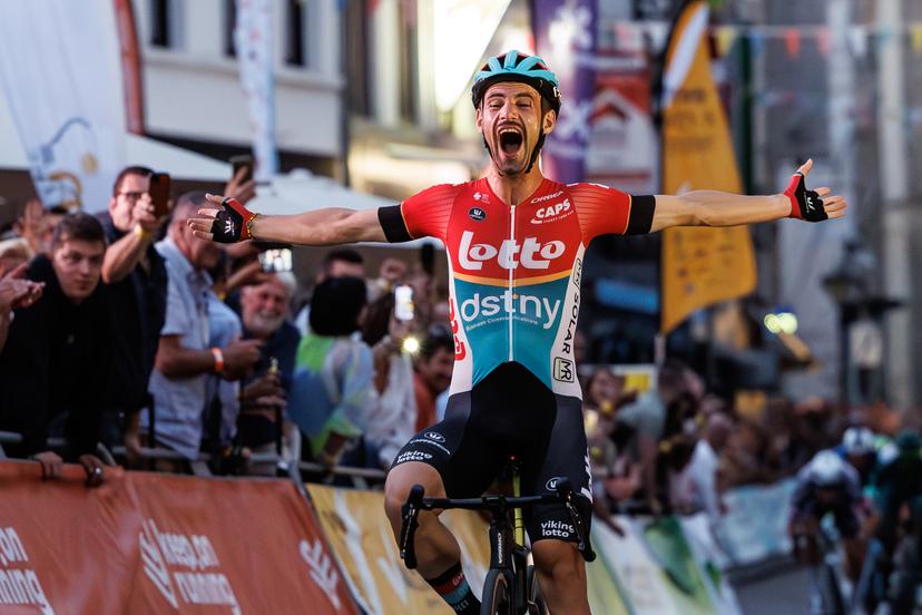 Belgian Victor Campenaerts of Lotto Dstny celebrates after winning the 'Natourcriterium Aalst' cycling event, Monday 22 July 2024 in Aalst. The traditional 'criteriums' are local showcases for which mainly cyclists who rode the Tour de France are invited. BELGA PHOTO KURT DESPLENTER