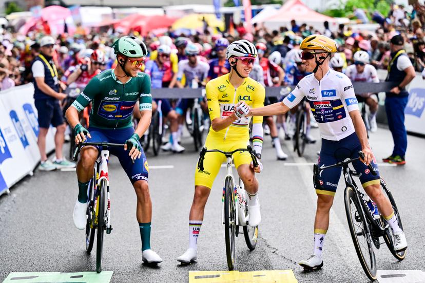 Italian Jonathan Milan of Lidl-Trek, Slovenian Tadej Pogacar of UAE Team Emirates and Belgian Remco Evenepoel of Soudal Quick-Step pictured at the start of stage 14 of the 2025 Tour de France cycling race, from Pau to Luchon-Superbagneres (183 km), on Saturday 19 July 2025 in France. The 112th edition of the Tour de France starts on Saturday 5 July in Lille, France, and will finish in Paris, France on the 27th of July. BELGA PHOTO DIRK WAEM