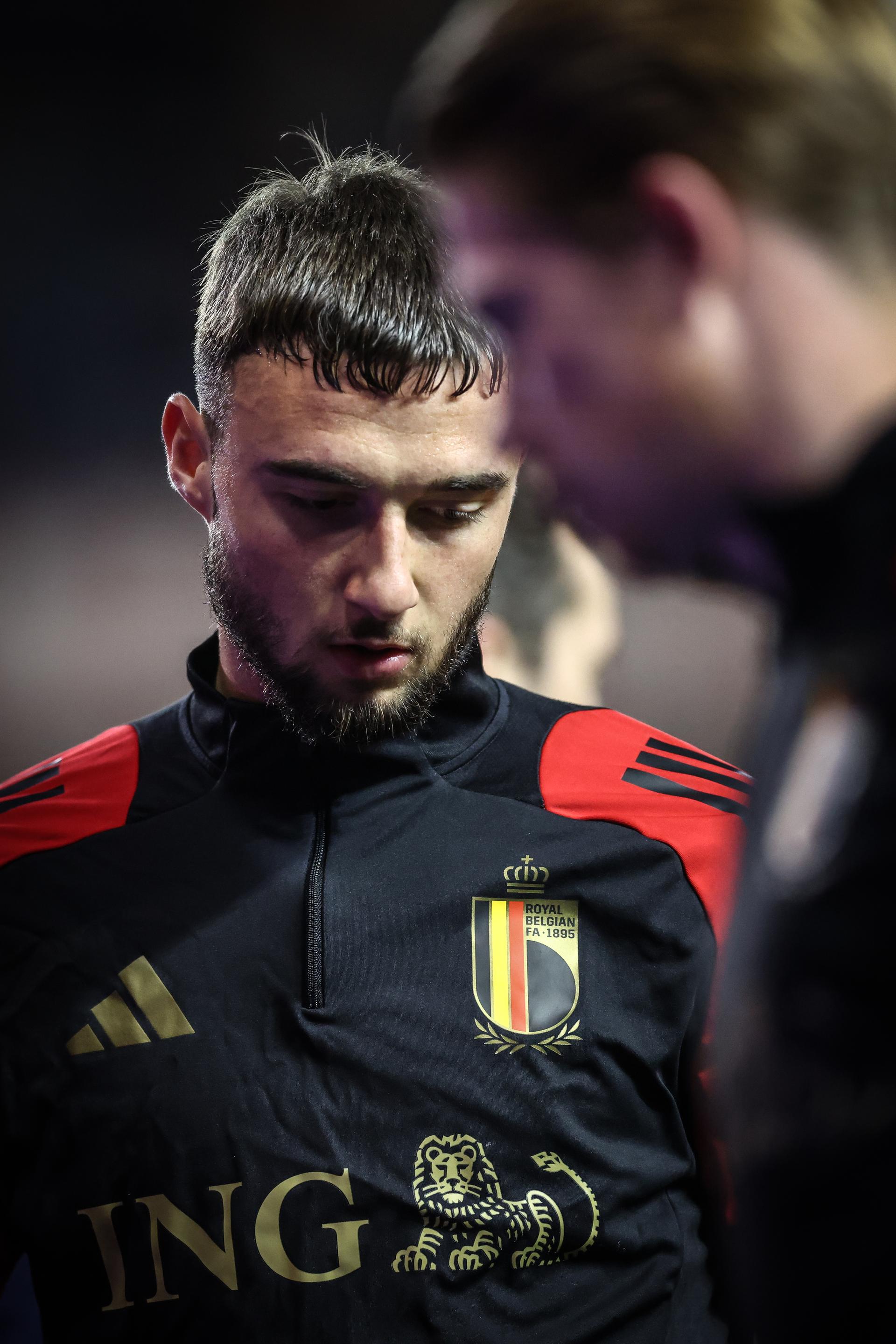 Belgium's Zeno Debast pictured in action during the warming-up for a soccer game between Belgian national team the Red Devils and Ukraine, Sunday 23 March 2025 in Genk, the return leg of the Nations League playoff. Ukraine won the first leg 3-1. BELGA PHOTO BRUNO FAHY