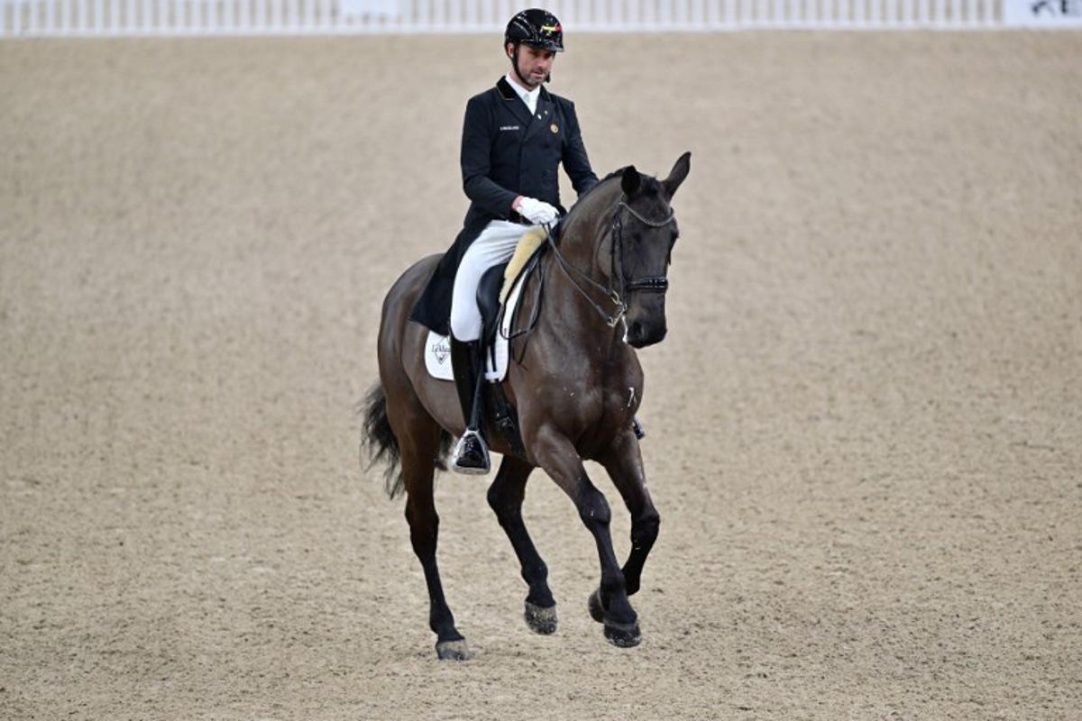 Belgium's Domien Michiels is pictured on the horse Intermezzo van het Meerdaalhof during the FEI Dressage World Cup Grand Prix at the Gothenburg Horse Show at the Scandinavium Arena in Gothenburg, Sweden, on February 21, 2025.   Bjorn LARSSON ROSVALL / TT NEWS AGENCY / AFP