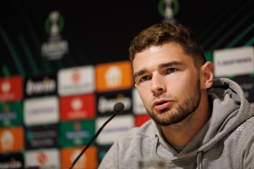 Gent's Hugo Cuypers pictured during a press conference of Belgian soccer team KAA Gent, Wednesday 25 October 2023 in Gent. The team is preparing for tomorrow's game against Icelandic Breidablik, on day 3 of the group phase of the UEFA Conference League competition, in group B. BELGA PHOTO KURT DESPLENTER