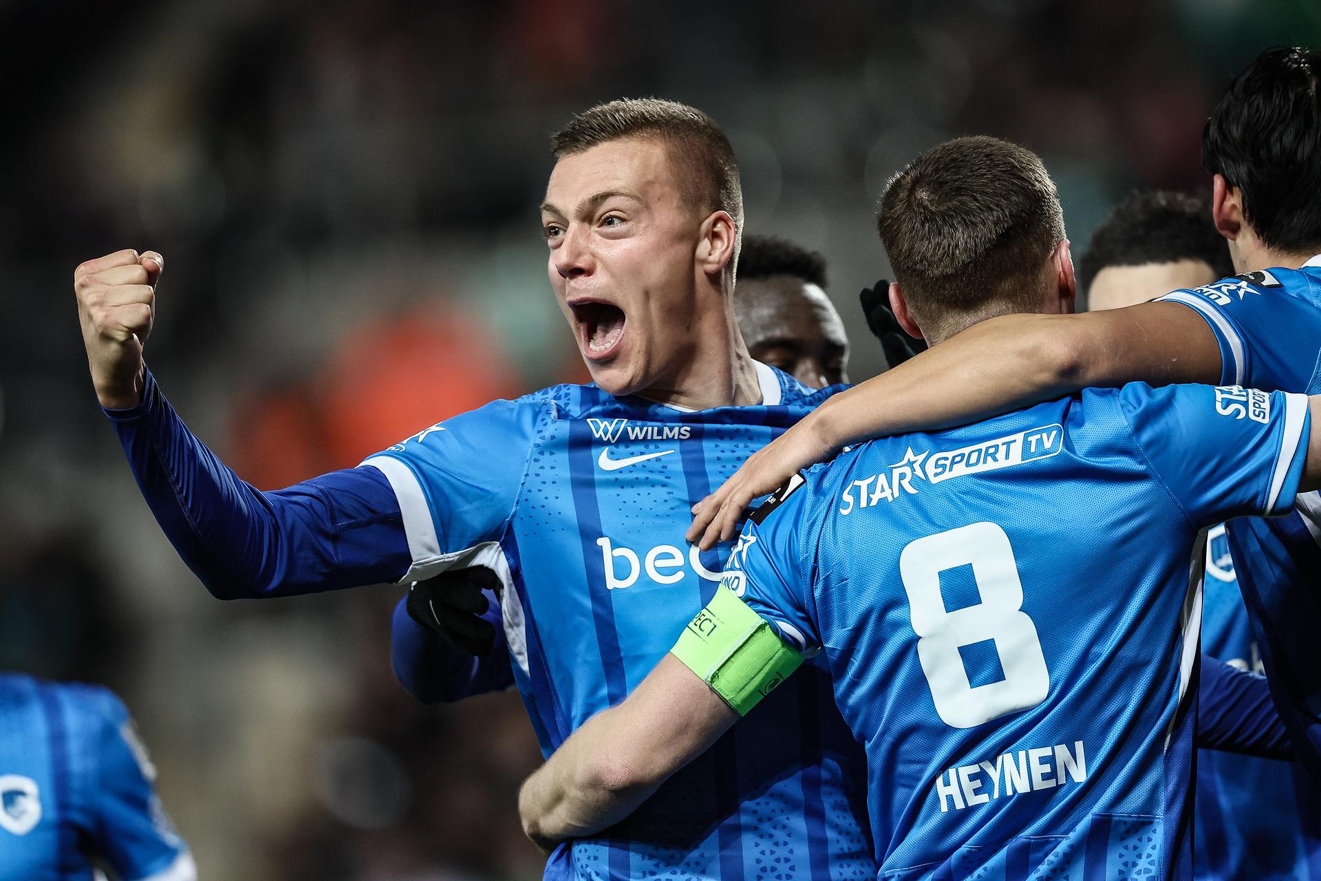 Charleroi's Daan Heymans and Genk's Bryan Heynen celebrate during a soccer match between Sporting Charleroi and KRC Genk, Friday 19 December 2025 in Charleroi, on day 19 of the 2025-2026 'Jupiler Pro League' first division of the Belgian championship. BELGA PHOTO BRUNO FAHY