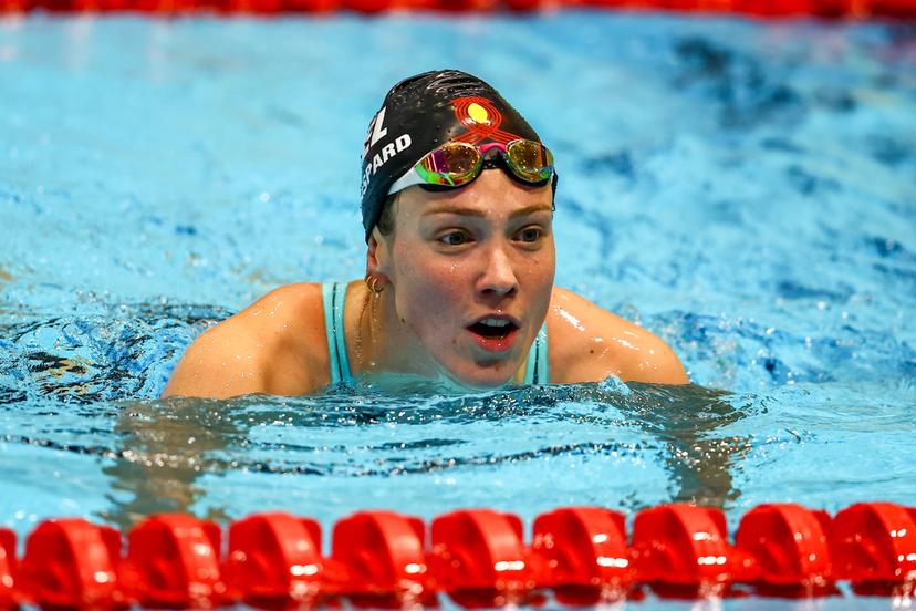 Belgian Florine Gaspard pictured after winning the 50m freestyle woman race, at the Open Belgian Swimming Championships 2025 (25-27/04), in Antwerp, on Friday 25 April 2025. BELGA PHOTO DAVID PINTENS