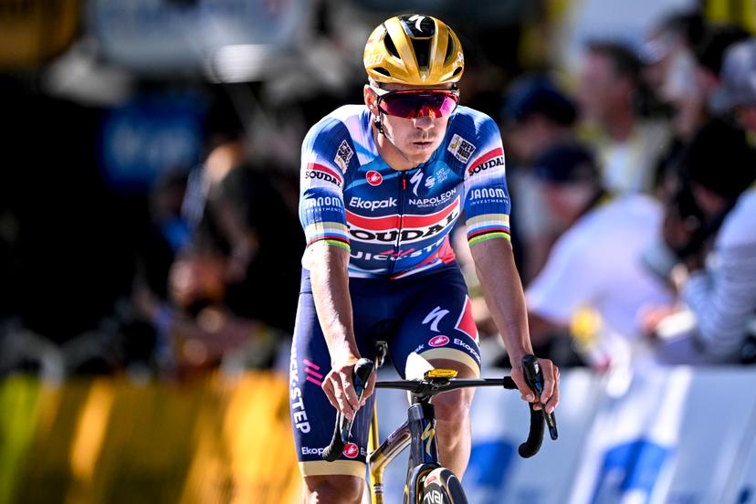Belgian Remco Evenepoel of Soudal Quick-Step crosses the finish line of the fourth stage of the 2025 Tour de France cycling, Amien Metropole - Rouen (173 km), on Tuesday 08 July 2025 in France. The 112th edition of the Tour de France starts on Saturday 5 July in Lille, France, and will finish in Paris, France on the 27th of July. BELGA PHOTO JASPER JACOBS