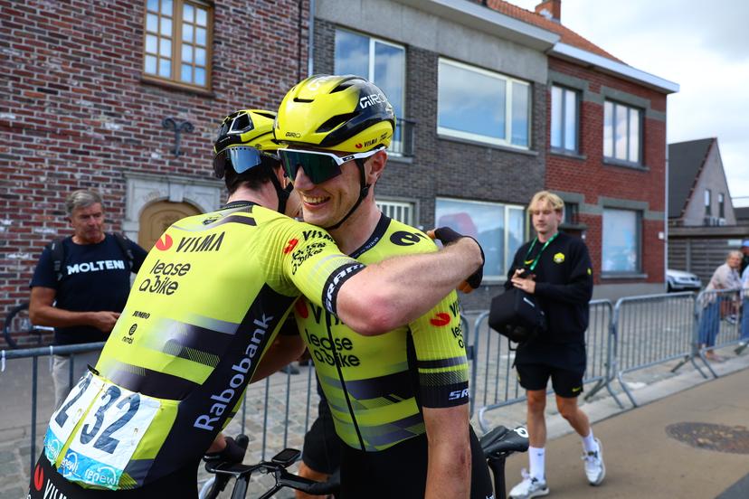 Dutch Olav Kooij of Team Visma-Lease a Bike is congratulated by Italian Edoardo Affini of Team Visma-Lease a Bike after winning the second stage of the 'Renewi Tour' multi-stage cycling race, from Blankenberge to Ardooie (169,4 km) on Thursday 21 August 2025. The five-day race takes place in Belgium and the Netherlands.  BELGA PHOTO DAVID PINTENS
