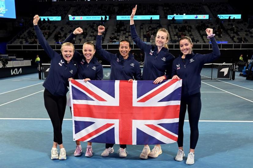 (L-R) Britain's Harriet Dart, Katie Swan, team captain Anne Keothavong, Mika Stojsavljevic and Jodie Burrage celebrate after winning the Billie Jean King Cup tennis tie against Australia in Melbourne on April 11, 2026. William WEST / AFP