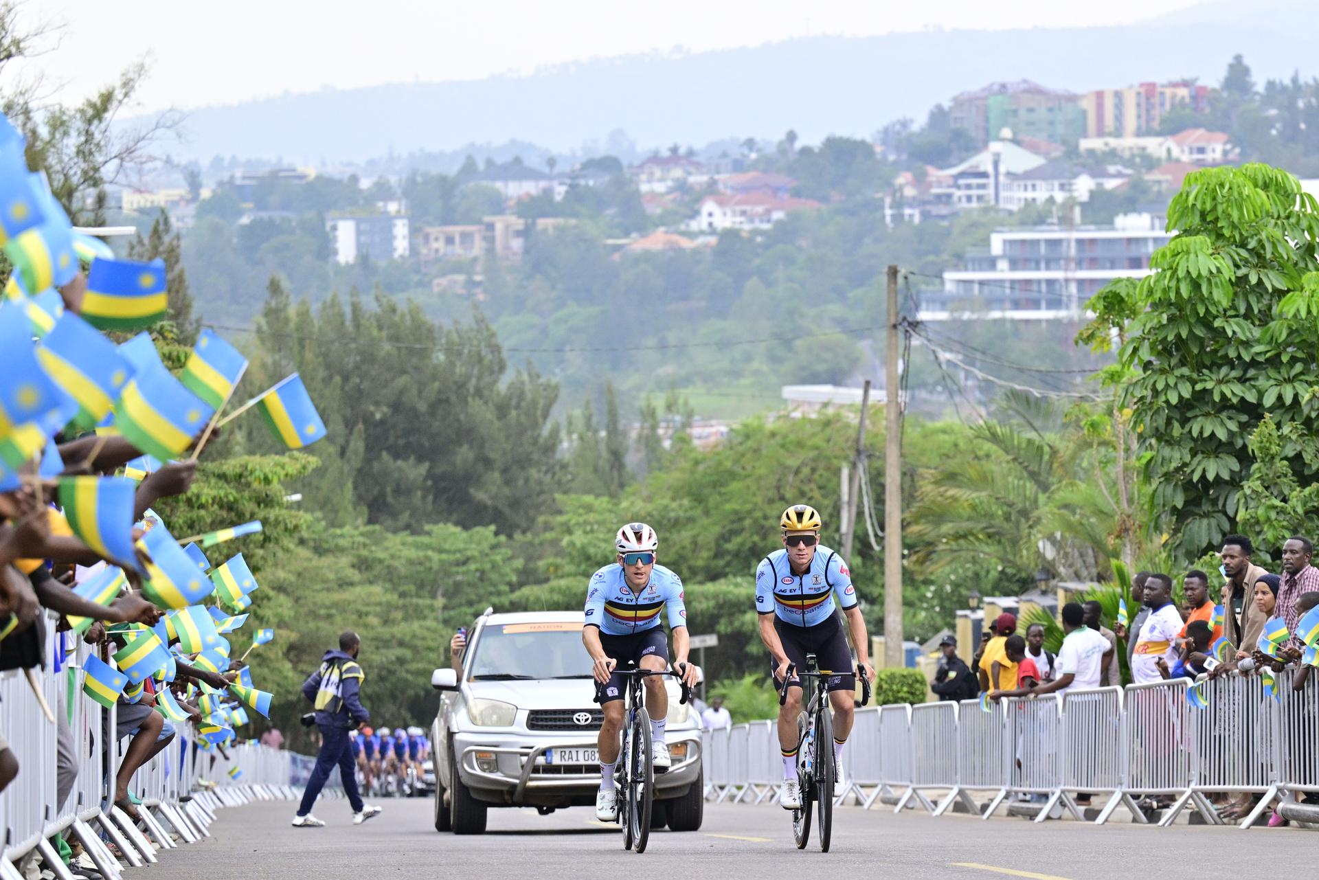 Belgian Ilan Van Wilder and Belgian Remco Evenepoel pictured in action during a training session at the track of the cycling road World Championships, in Kigali, Rwanda, Wednesday 24 September 2025. The 2025 UCI Road World Championships take place from 21 to 28 September in Kigali, Rwanda. BELGA PHOTO DIRK WAEM