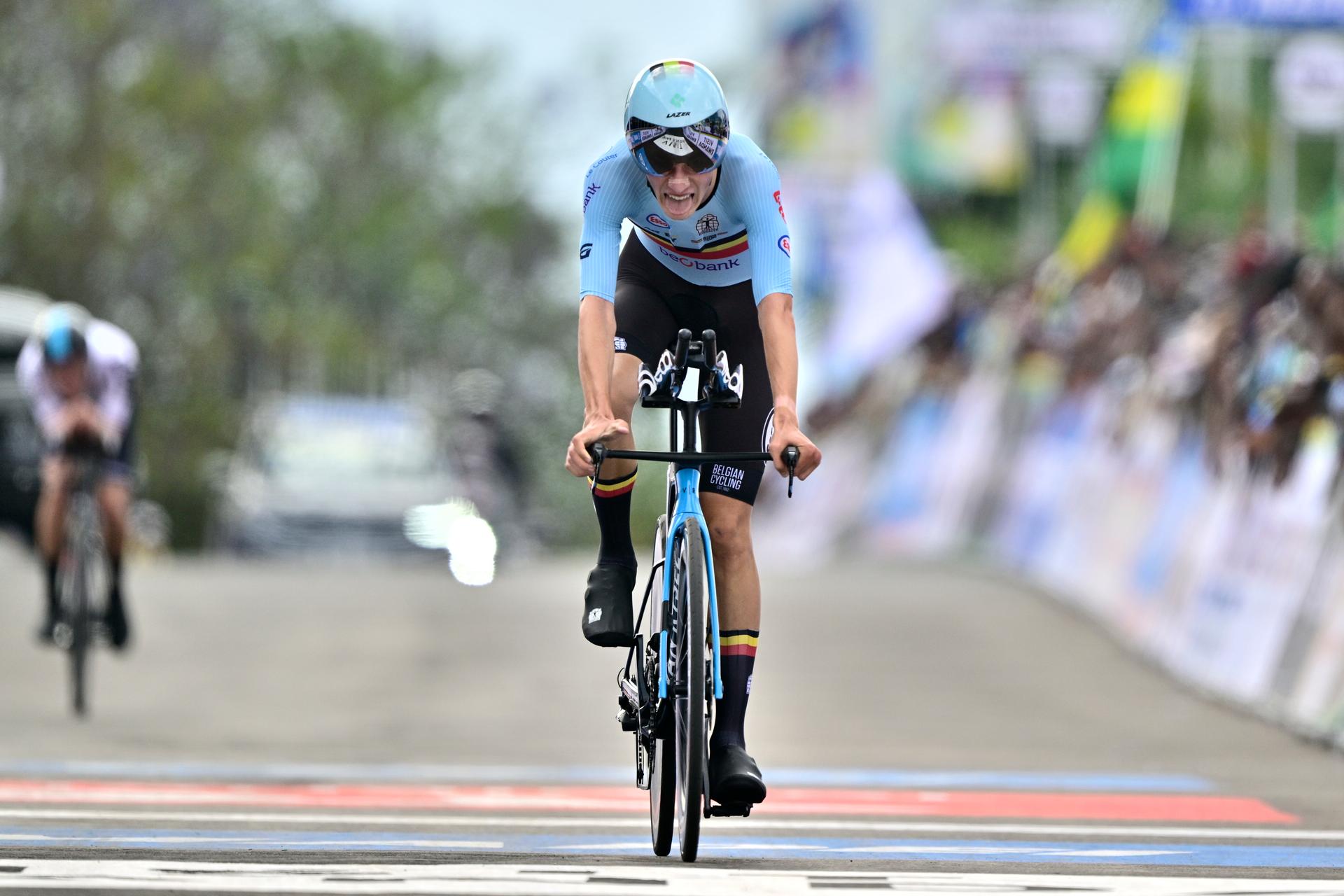 Belgian Seff van Kerckhove pictured in action during the Men Junior Individual Time Trial race (22,6km) at the cycling road world championships, in Kigali, Rwanda, Tuesday 23 September 2025. The 2025 UCI Road World Championships take place from 21 to 28 September in Kigali, Rwanda. BELGA PHOTO DIRK WAEM