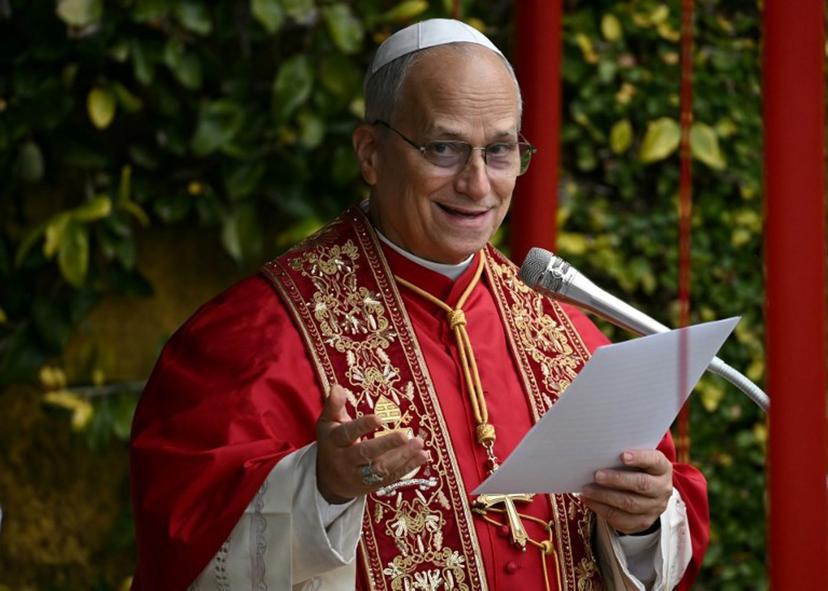 Pope Leo XIV delivers remarks during the unveiling of a Marian mosaic of the Virgin Mary along with a statue of 16th-century Saint Rose of Lima, by Peruvian artist Lenin Alvarez Medina, during an inauguration ceremony in the Vatican Gardens, at the Vatican, on January 31, 2026.  Filippo MONTEFORTE / AFP