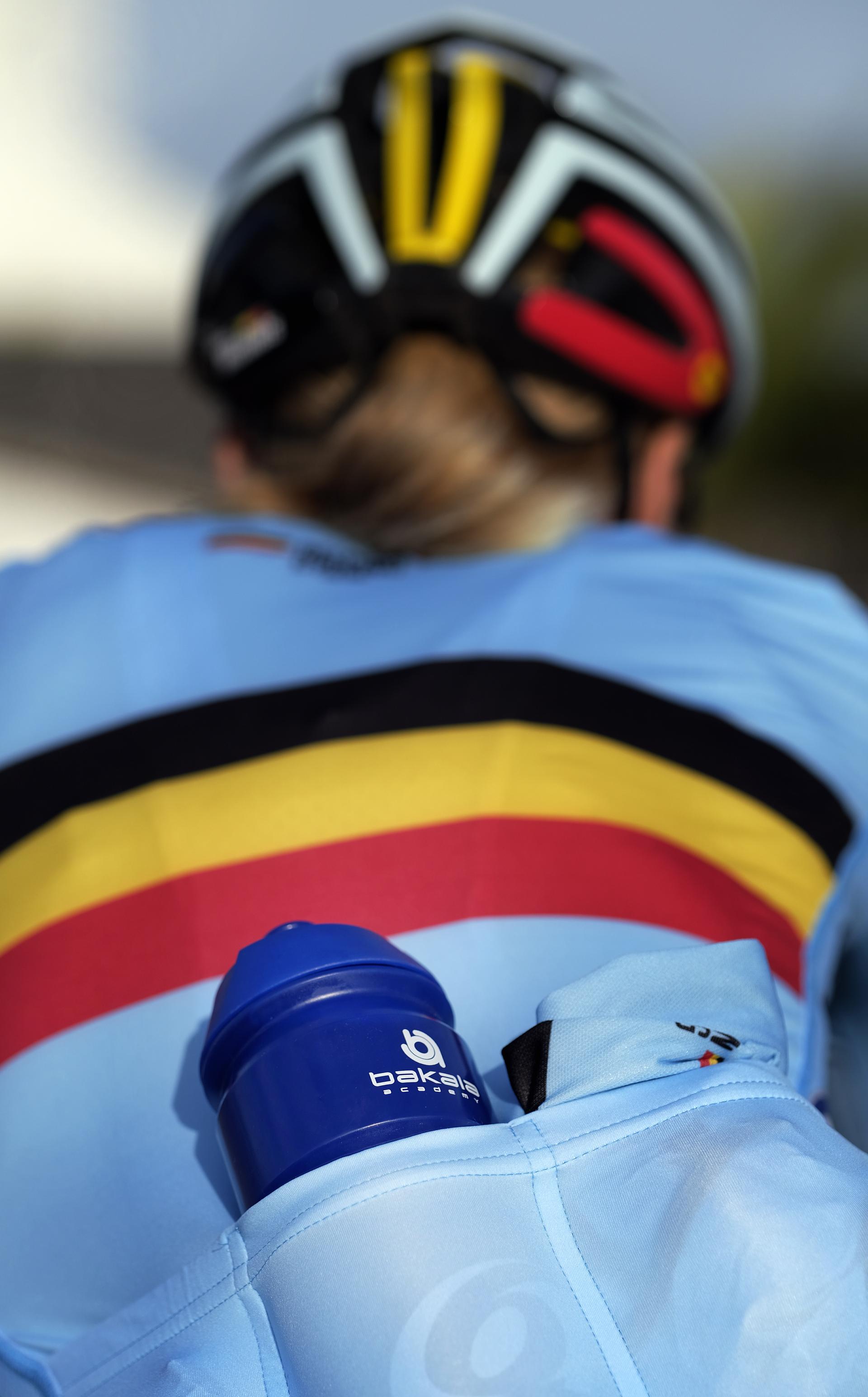 Illustration picture shows a drinking bottle at the back of Belgian cyclist (mountainbike) Githa Michiels pictured during a training camp organized by the BOIC-COIB Belgian Olympic Committee in Lanzarote, Spain, Saturday 17 November 2018. BELGA PHOTO ERIC LALMAND