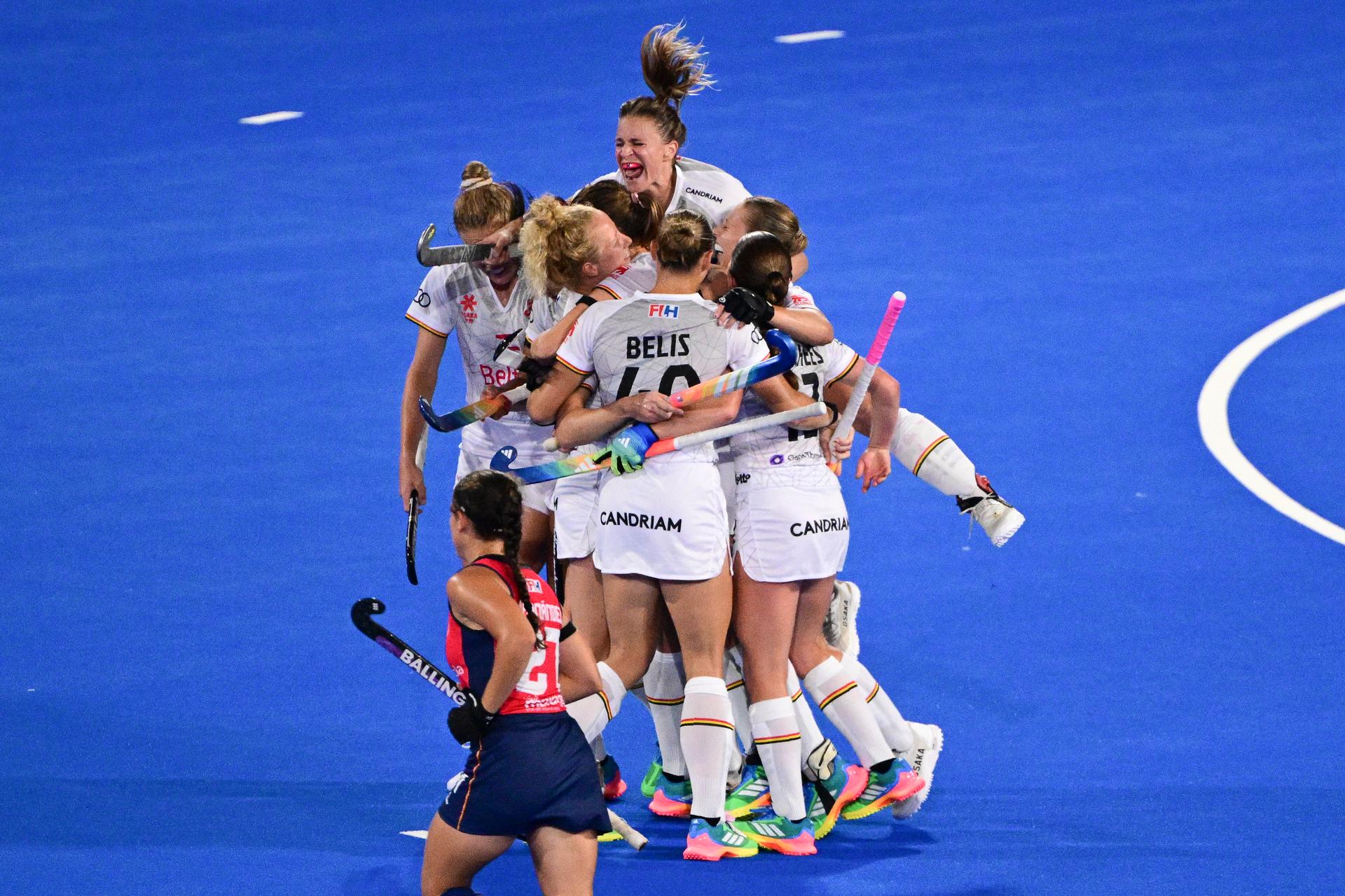 The Red Panthers celebrate after scoring during a field hockey game between Belgian national team Red Panthers and Spain during the group stage of the women's 2026 Hockey World Cup, on Tuesday 18 August 2026, in Wavre. The 2026 edition of the Hockey World Cup takes place in Belgium and The Netherlands from August 15 to August 30. BELGA PHOTO DIRK WAEM