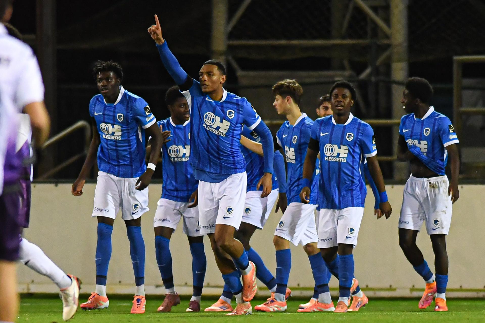 Jong Genk's Aaron Bibout celebrates after scoring during a soccer game between Jong Genk and RSCA Futures, Tuesday 09 December 2025 in Geel, on day 13 of the 2025-2026 'Challenger Pro League' 1B second division of the Belgian championship. BELGA PHOTO JILL DELSAUX