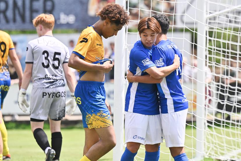 Genk's Ayumu Yokoyama celebrates after scoring during a friendly game between Eendracht Termien and KRC Genk, Saturday 28 June 2025 in Genk, in preparation of the upcoming 2025-2026 season. BELGA PHOTO JOHAN EYCKENS