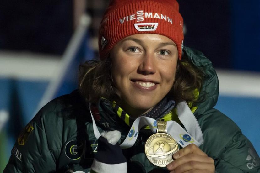 Third placed Germany's Laura Dahlmeier poses during the medal ceremony for the women's 7,5 km sprint event at the IBU Biathlon World Championships in Ostersund, Sweden, on March 8, 2019.   Jonathan NACKSTRAND / AFP