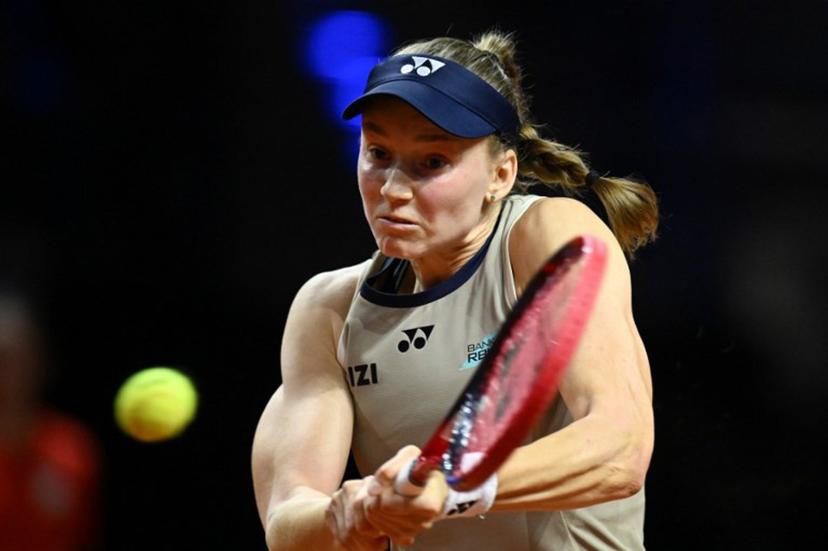 Kazakhstan's Elena Rybakina returns the ball to Russia's Mirra Andreeva (not in picture) during their semifinal match at the Women's Tennis Grand Prix WTA tournament in Stuttgart, southwestern Germany, on April 18, 2026.  THOMAS KIENZLE / AFP