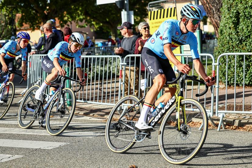 Belgium Matisse Van Kerckhove and Belgium Jarno Widar pictured in action during the 121,1 km Men U23 Road Race at the UEC road European cycling championships, in France on Saturday 04 October 2025. The European cycling championships in Drome-Ardeche takes place from 1 to 5 October. BELGA PHOTO DAVID PINTENS