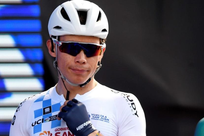 Colombia's Miguel Angel Lopez gestures before the start of the 7th stage of the Vuelta a San Juan 2023, in San Juan, Argentina, on January 29, 2023.  Andres Larrovere / AFP