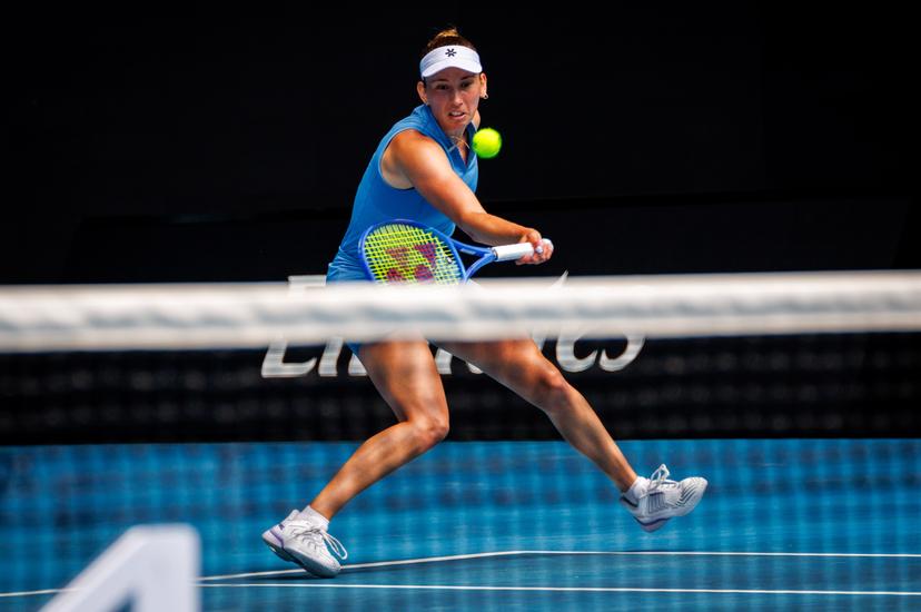 Belgian Elise Mertens pictured during a doubles tennis match between Belgian-Chinese pair Mertens-Zhang and Kazakh/Serbian pair Danilina/Krunic, in the final of the women doubles at the Australian Open, Melbourne Park, Melbourne on Saturday 31 January 2026. BELGA PHOTO PATRICK HAMILTON  --- BENELUX ONLY   ---