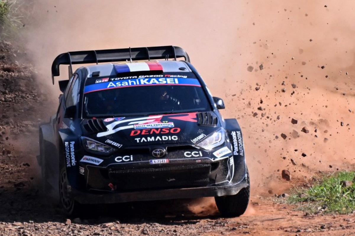 French driver Sebastien Ogier and co-driver Vincent Landais compete in their Toyota GR Yaris Rally1 during the Artigas stage of the WRC Rally Paraguay, 10th stage of the FIA World Rally Championship (WRC), near Encarnacion, Paraguay on August 30, 2025.  Luis ROBAYO / AFP