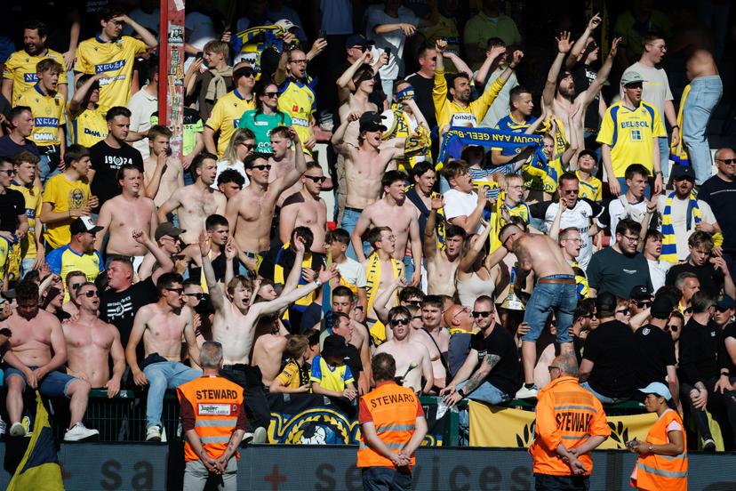 STVV's supporters pictured during a soccer match between KV Kortrijk and Sint-Truidense VV, Saturday 10 May 2025 in Kortrijk, on day 6 (out of 6) of the Relegation Play-offs of the 2024-2025 'Jupiler Pro League' first division of the Belgian championship. BELGA PHOTO KURT DESPLENTER
