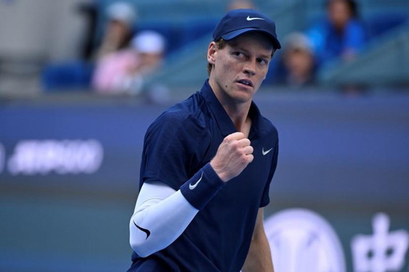 Italy's Jannik Sinner reacts during the men's single match against Hungary Fabian Marozsan at the China Open tennis tournament in Beijing on September 29, 2025.  WANG Zhao / AFP