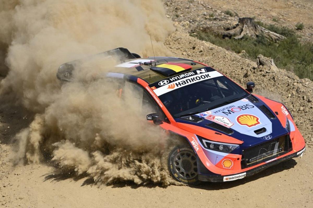 Thierry Neuville of Belgium and his co-driver Martijn Wydaeghe of Belgium compete in their Hyundai i20 during the SS9 stage of the World Rally Championship (WRC) Rally of Portugal in Mortagua, on May 16, 2025.  MIGUEL RIOPA / AFP