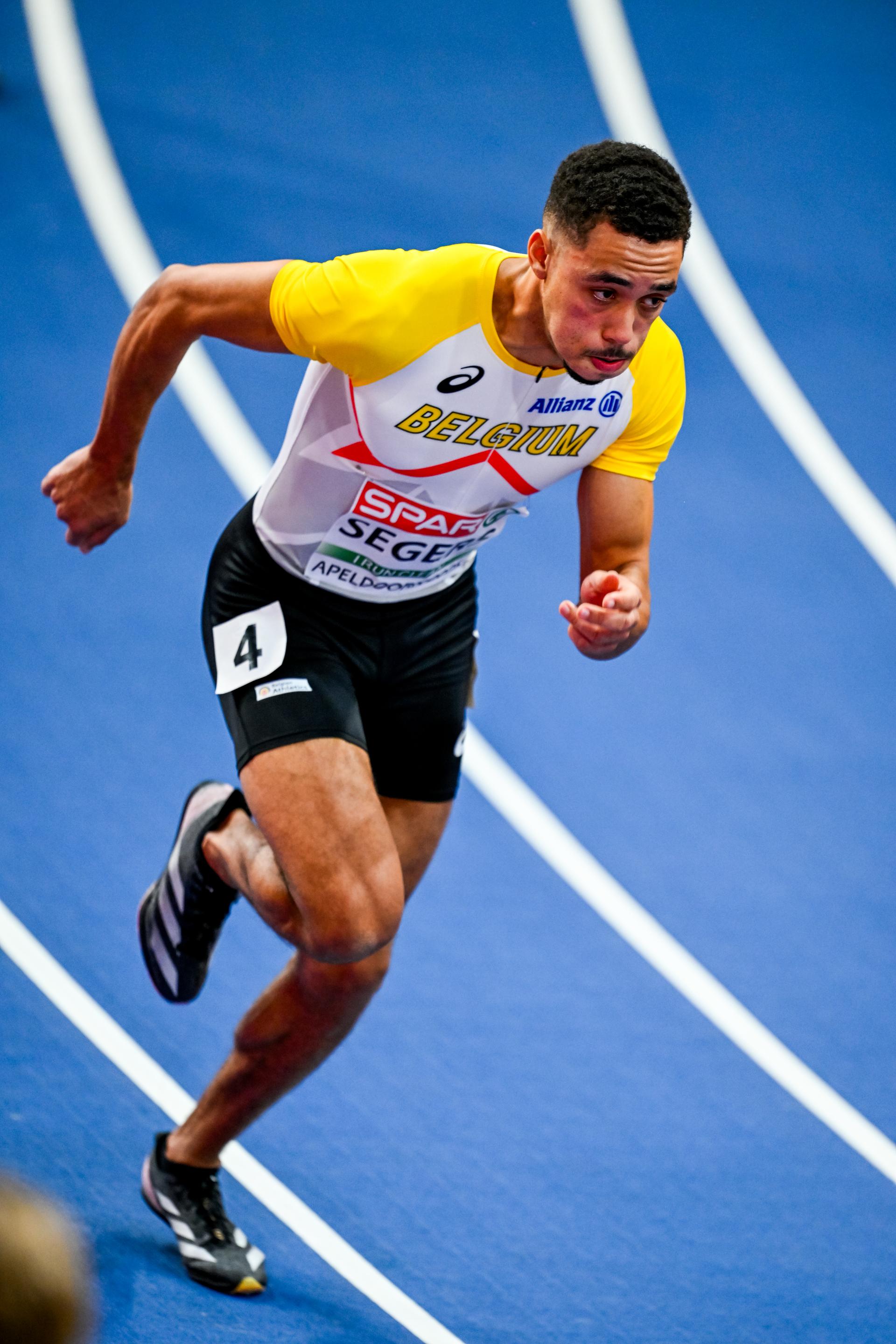 Belgian Daniel Segers pictured in action during the men's 400m, at the European Athletics Indoor Championships, in Apeldoorn, The Netherlands, Friday 07 March 2025. The championships take place from 6 to 9 March. BELGA PHOTO ERIC LALMAND