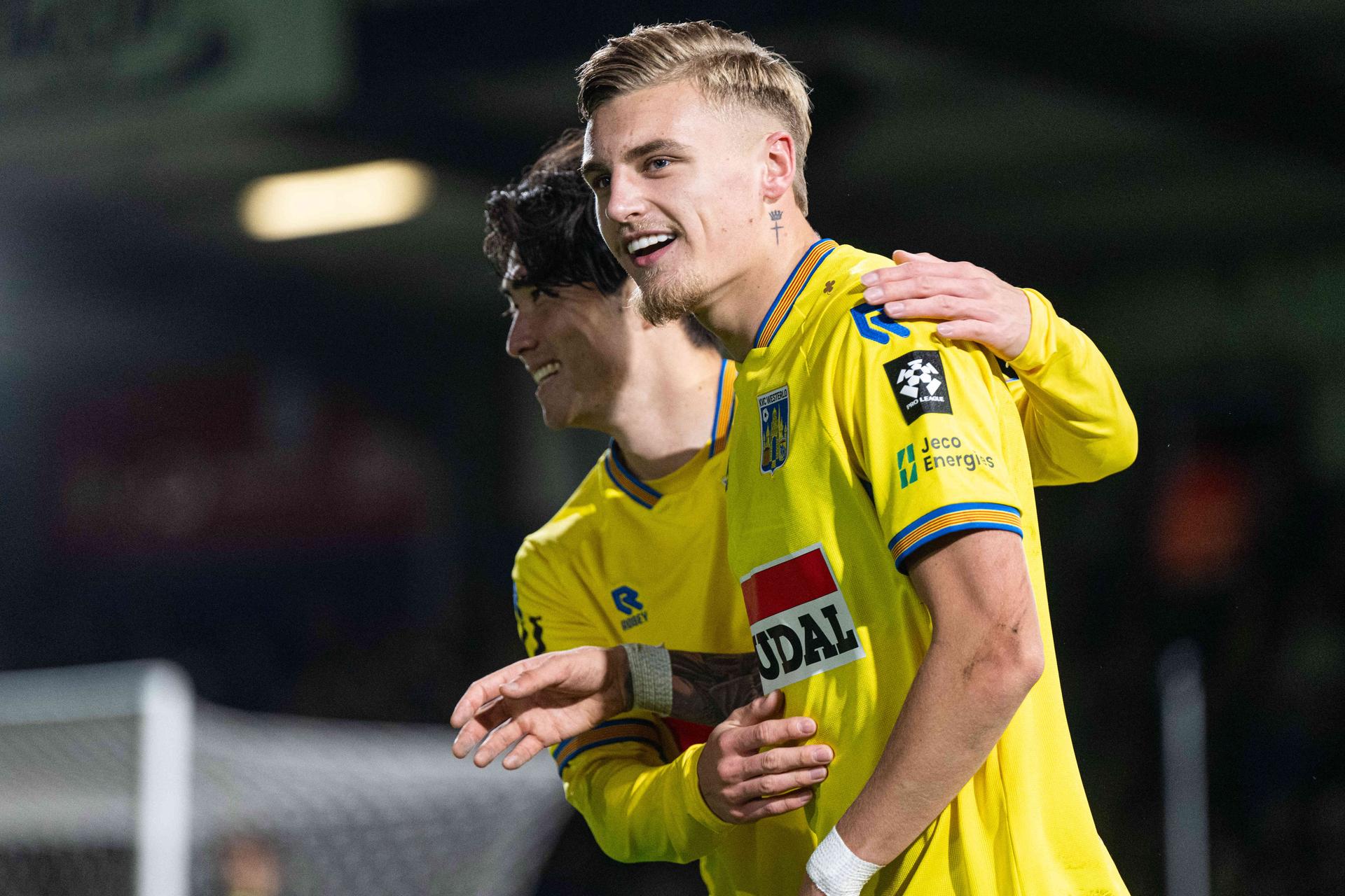Westerlo's Norman Bassette celebrate after scoring during a soccer match between KVC Westerlo and Royal Antwerp FC, Sunday 11 October 2026 in Westerlo, on day 8 of the 2026-2027 'Jupiler Pro League' first division of the Belgian championship. BELGA PHOTO EMILE WINDAL