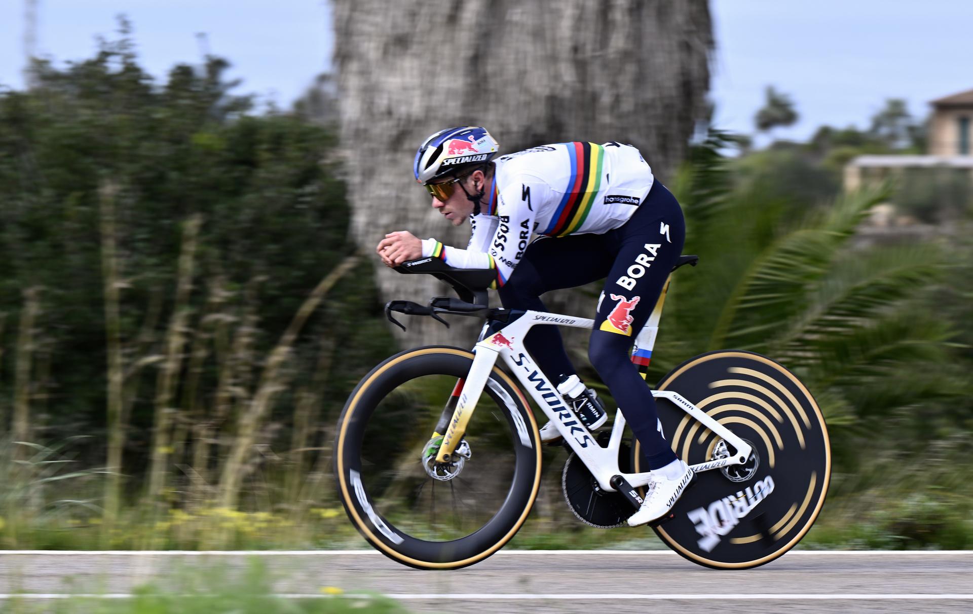 Belgian Remco Evenepoel pictured during a warm-up ride, before the Team Time Trial of the Trofeo Ses Salines Challenge Mallorca cycling race, 23,8km in Colonia de Sant Jordi, Mallorca, Spain on Thursday 29 January 2026. Belgian Evenepoel is participating in the first race in the colors of his new team Red Bull-Bora-Hansgrohe. BELGA PHOTO ERIC LALMAND