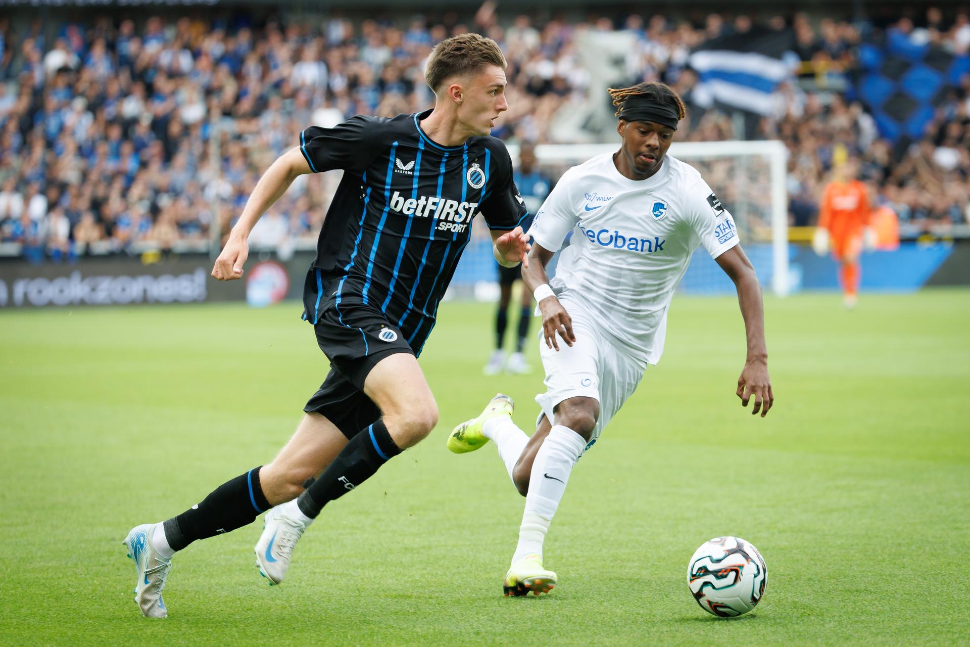 Club's Jorne Spileers and Genk's Noah Adedeji-Sternberg fight for the ball during a soccer match between Club Brugge and KRC Genk, Sunday 27 July 2025 in Brugge, on day 1 of the 2025-2026 'Jupiler Pro League' first division of the Belgian championship. BELGA PHOTO KURT DESPLENTER