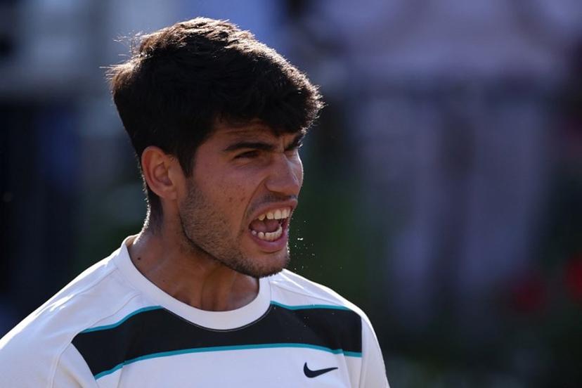 Spain's Carlos Alcaraz celebrates winning against France's Arthur Rinderknech during their men's singles quarter final tennis match at the HSBC ATP tennis Championships at Queen's Club in west London on June 20, 2025.  HENRY NICHOLLS / AFP