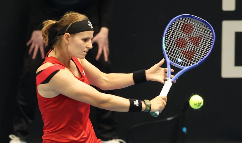 Belgian Greet Minnen pictured in action during a tennis match between Belgian Minnen and French Gracheva, on Friday 11 April 2025, the second game in the Promotion Play-offs between Belgium and France in the Europe/Africa Group I of the Billie Jean King Cup tennis, in Vilnius, Lithuania. PHOTO VIRGINIE LEFOUR