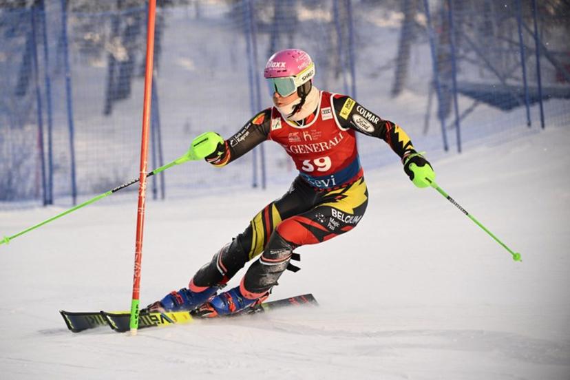 Belgium's Sam Maes competes during the first run of the men's slalom event of the FIS Alpine Skiing World Cup at the Levi Ski Centre in Kittila, Finland on November 16, 2025.  Roni Rekomaa / Lehtikuva / AFP